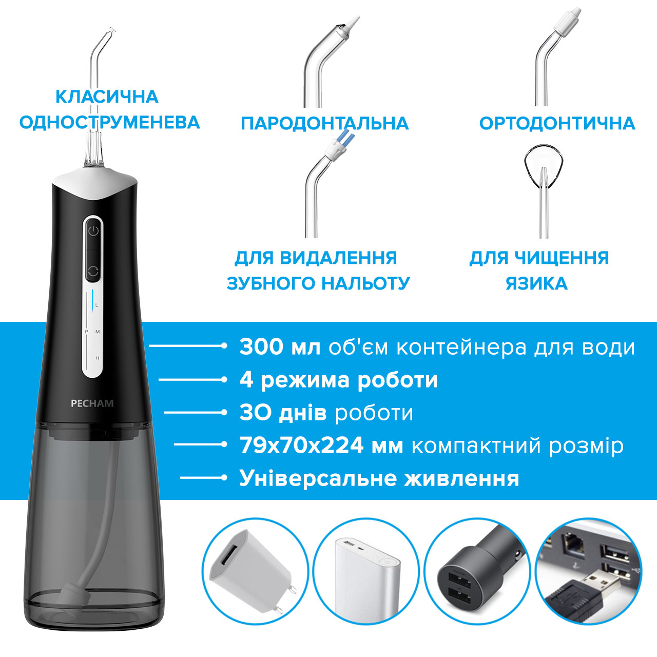 Іригатор Pecham travel black PC-5240 + річний запас насадок