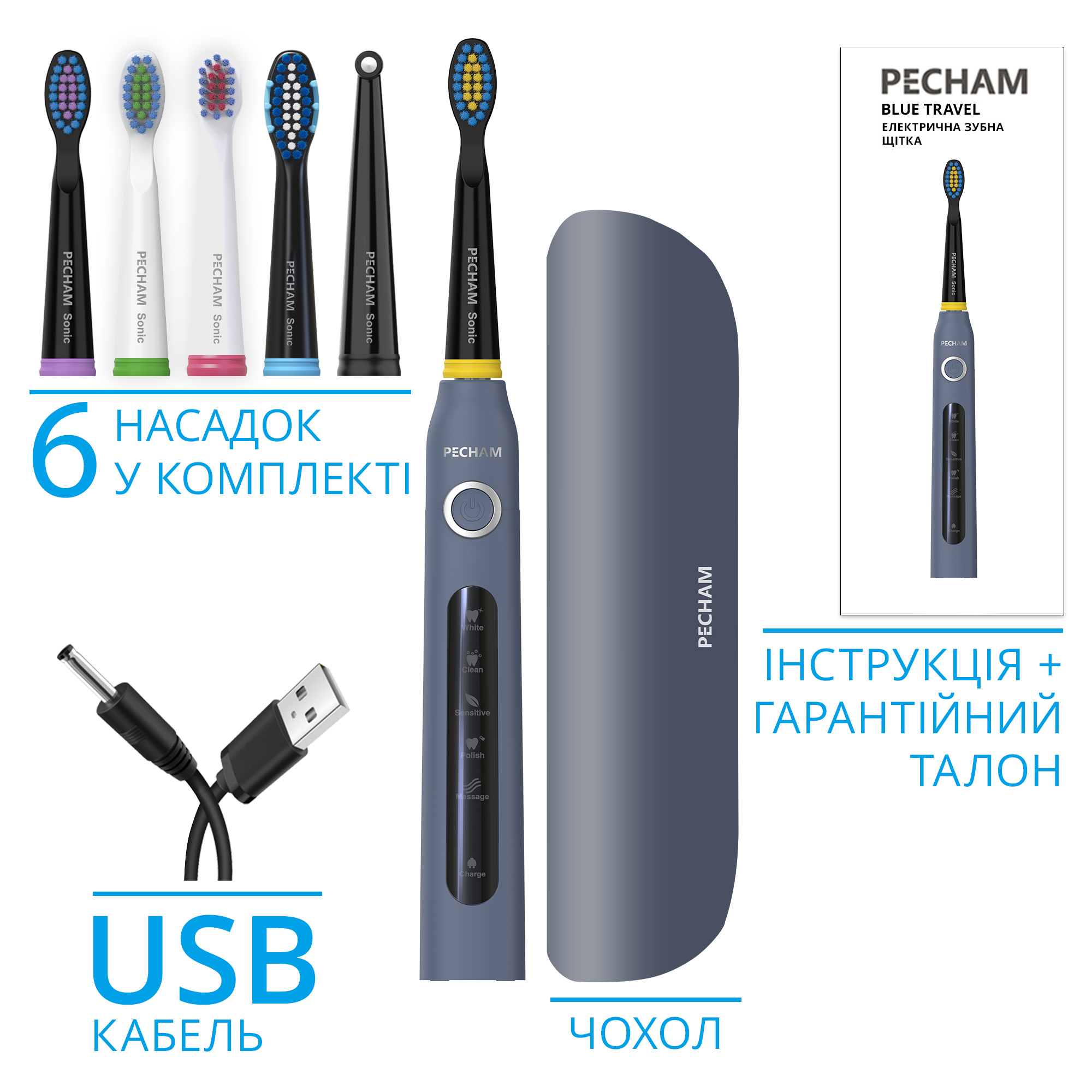 Звукова електрична зубна щітка PECHAM Navy Blue Travel PC-083