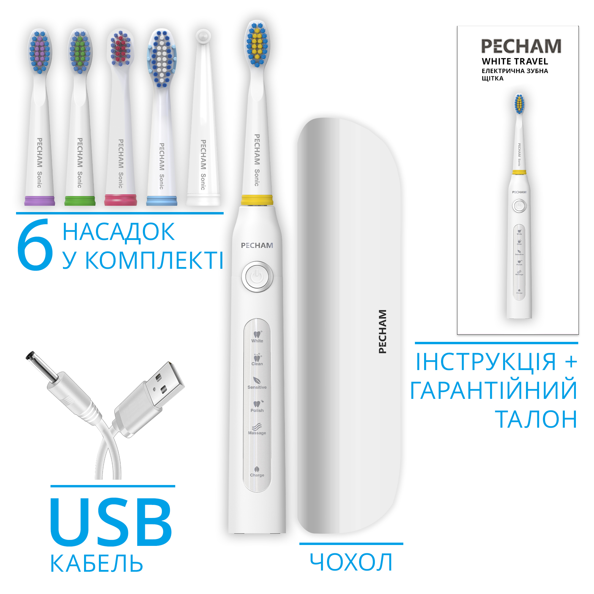 Звукова електрична зубна щітка PECHAM White Travel PC-081 + річний запас насадок