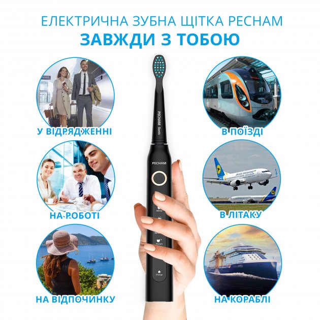 Звукова електрична зубна щітка PECHAM Black Travel PC-080 + річний запас насадок