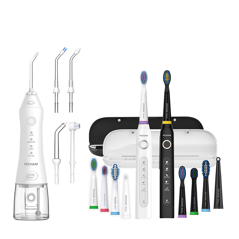 Комплект Іригатор Pecham travel white  PC-1581 + Набір звукових зубних щіток PECHAM Black and White Travel Set PC-084
